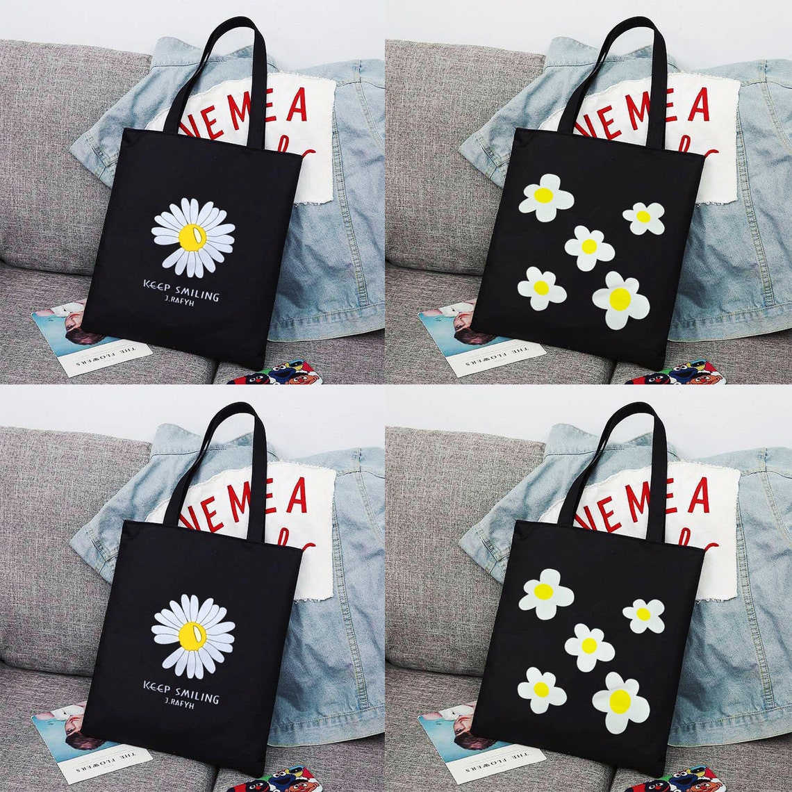 Daisy flower canvas shoulder bags floral handbag tote bag Etsy
