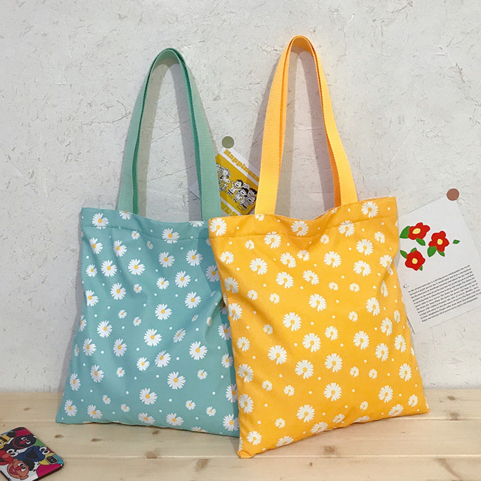 Daisy flower canvas shoulder bags floral handbag tote bag | Etsy