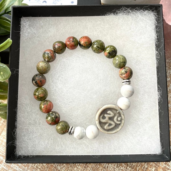 Unakite gemstone bracelet/white howlite/Om ceramic bead/gift for him/haling crystals/gemstone jewelry/calming bracelet/Canada