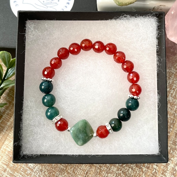 Faceted Carnelian and Moss Agate gemstone beaded bracelet 7"/healing crystals/gemstone jewelry/unique gift/gift for her/Canada