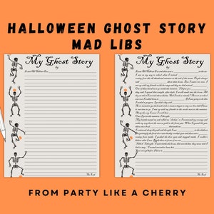 Może przedstawiać: Drukowana gra Halloween Mad Libs z ilustracją szkieletu. Gra nosi tytuł "Moja historia o duchu" i zawiera linie do uzupełnienia, aby gracze mogli dokończyć historię.