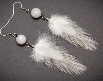 White feather earrings with white jade beads Boho earrings Wedding earrings Bridal earrings Dangle earrings Bohemian jewelry Bridal earrings