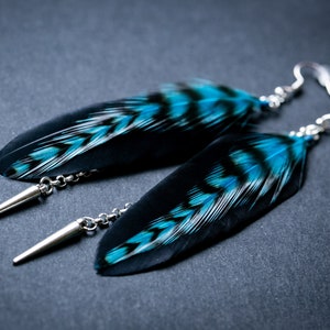 Turquoise feather earrings Real feather earrings Natural feather earrings Black feathers Spike earrings Goth jewelry Gothic earrings