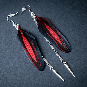 Black and red feather earrings Real feather earrings Natural feather earrings Black feathers Spike earrings Goth jewelry Gothic earrings