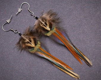 Long feather earrings Earthy colors earrings Real feather earrings Summer earrings Lightweight earrings Beach jewelry Dangling earrings