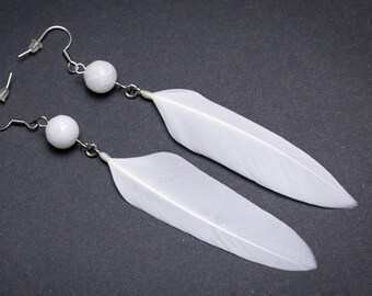 Boho Wedding Feather Earrings, White Jade Beads, Dangle Bohemian Jewelry