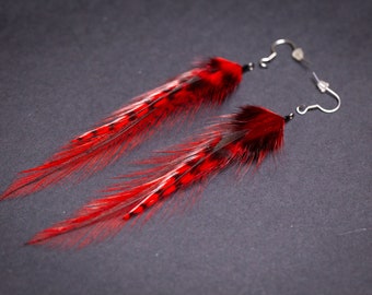 Red feather earrings Long feather earrings Funky earrings Trendy earrings Fantasy jewelry 70s earrings Hippie earrings