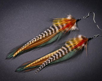 Feather earrings 13cm/5inch Iridescent green Spring earrings Lightweight earrings Real feather earrings Natural feathers Boho Gift earrings