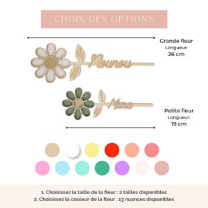 May include: Wooden flower-shaped decorations with the words "Nounou" and "Mama". The larger flower is 26 cm long, and the smaller one is 19 cm long. A color palette of 13 shades is displayed below the flowers.