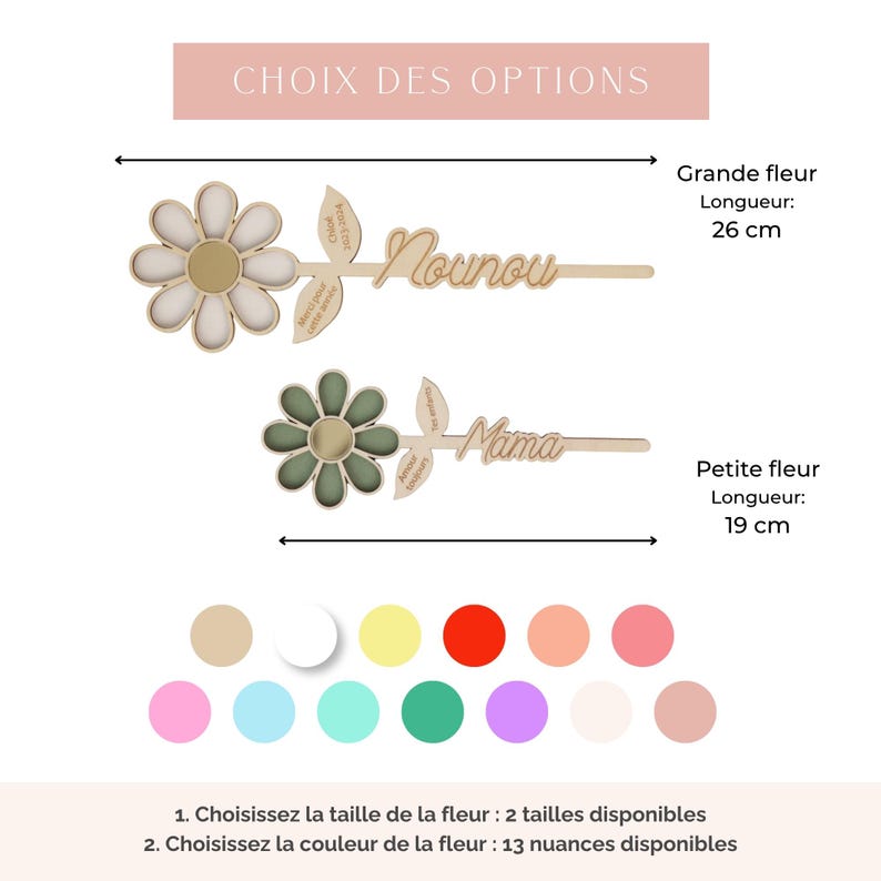 May include: Wooden flower-shaped decorations with the words "Nounou" and "Mama". The larger flower is 26 cm long, and the smaller one is 19 cm long. A color palette of 13 shades is displayed below the flowers.