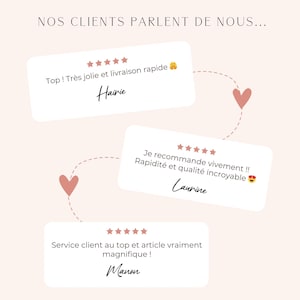 May include: A graphic with customer testimonials in French. The text includes phrases like "Top! Tr&egrave;s jolie et livraison rapide" and "Service client au top et article vraiment magnifique!" with names like Hairie, Laurine, and Manon.
