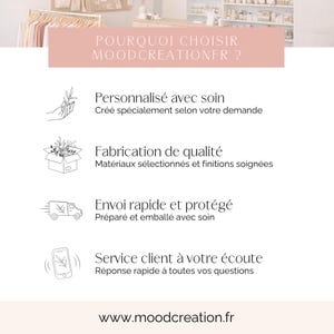 May include: A promotional graphic with text in French, including "POURQUOI CHOISIR MOODCREATIONFR?" and descriptions of personalized service, quality fabrication, fast shipping, and customer service. The website address www.moodcreation.fr is also displayed.
