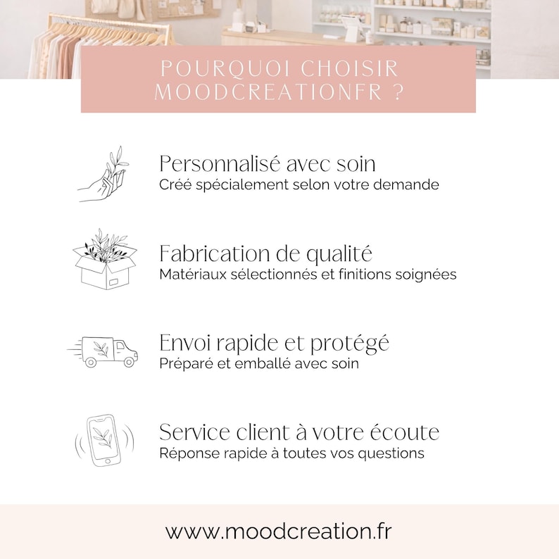 May include: A promotional graphic with text in French, including "POURQUOI CHOISIR MOODCREATIONFR?" and descriptions of personalized service, quality fabrication, fast shipping, and customer service. The website address www.moodcreation.fr is also displayed.