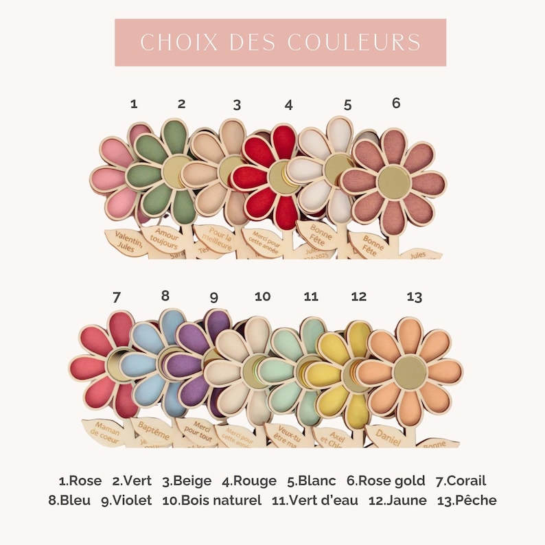 May include: A display of thirteen flower-shaped wooden ornaments, each with a different color palette. The text "CHOIX DES COULEURS" is at the top. Each flower has a small wooden tag with French text. Colors include pink, green, beige, red, white, and peach.