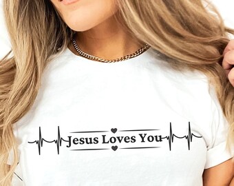Jesus Loves You Short Sleeve Tee Shirt, Christian Heartbeat Gift Shirt for Her, Inspirational Religious Gift, Jesus Shirt Gift