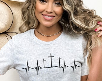 Jesus Cross Short Sleeve Tee Shirt, Christian Heartbeat Gift Shirt for Her, Inspirational Religious Gift, Jesus Cross Shirt Gift