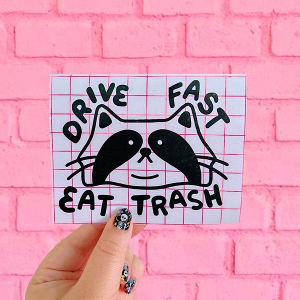 drive fast eat trash chonky raccoon cute bumper sticker vinyl car decal