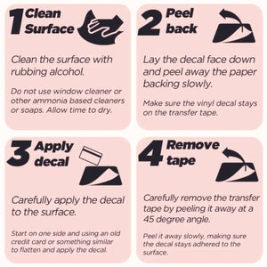May include: Four illustrated steps for applying a decal to a surface. The steps are: 1. Clean Surface, 2. Peel Back, 3. Apply Decal, 4. Remove Tape. Each step includes a simple illustration and instructions.