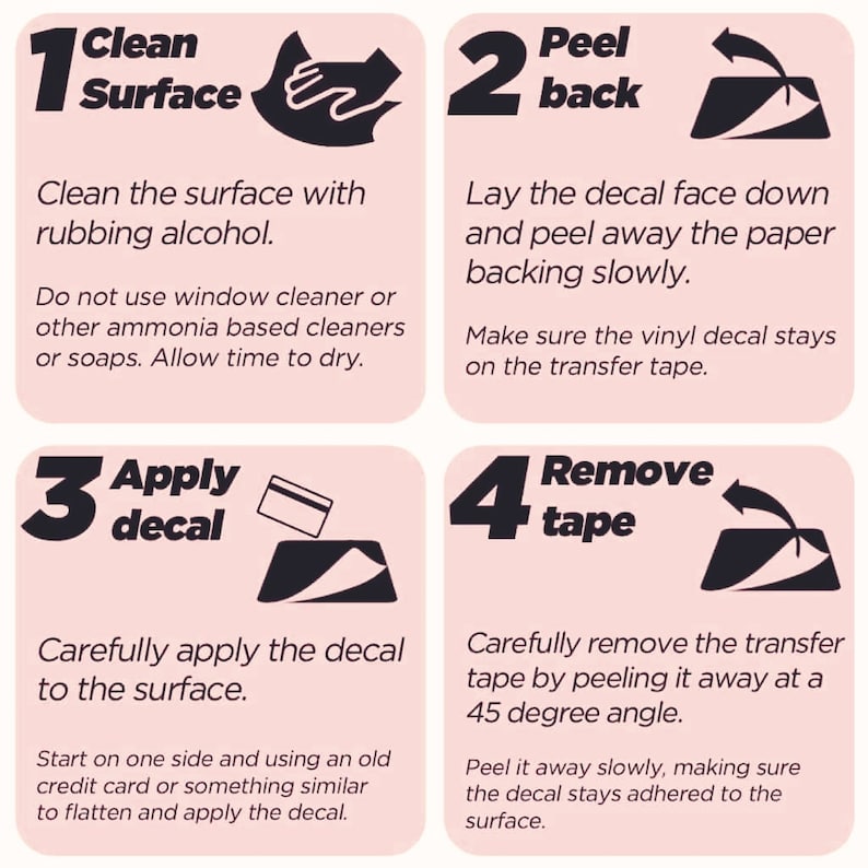 May include: Four illustrated steps for applying a decal to a surface. The steps are: 1. Clean Surface, 2. Peel Back, 3. Apply Decal, 4. Remove Tape. Each step includes a simple illustration and instructions.