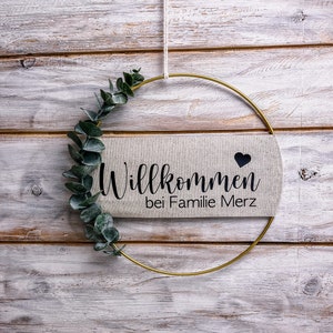 Door wreath | wreath | metal ring | Wall decoration | Door sign | Fairy lights | Eucalyptus | customizable | Desired text | Handmade