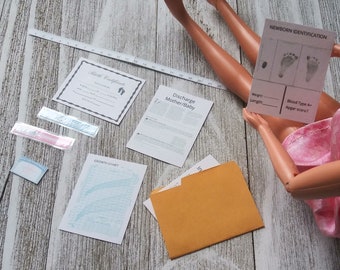 1/6 Scale New Baby Documents, For fashion doll, dollhouse birth certificate, small baby items, manila folder, newborn hospital wrist band