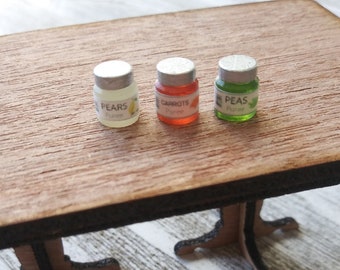 1/12 scale baby food for dollhouse, cute baby dollhouse decor, set of 3, peas, carrots, pears, mini jar for dolls, dollhouse nursery, mini