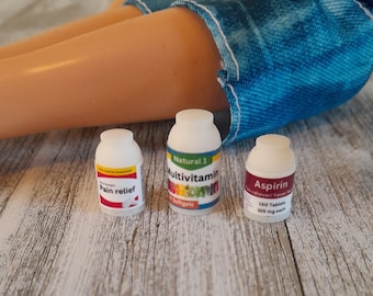 1/6 Scale Mini multivitamins, aspirin, pain relief pills for fashion doll, tiny meds for doll bathroom, medicine cupboard, mini pill bottles