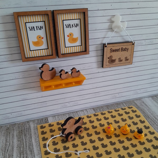 1/12 scale Dollhouse rubber duck nursery, duck themed decor for doll baby nursery room, cute rubber ducky, duck rug, shelf, rubber duck, toy