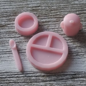 1/12 Scale Baby dish set for dollhouse, pink or blue, nursery for boy or girl, dishes for baby, doll kitchen, plate, bowl, spoon, sippy cup