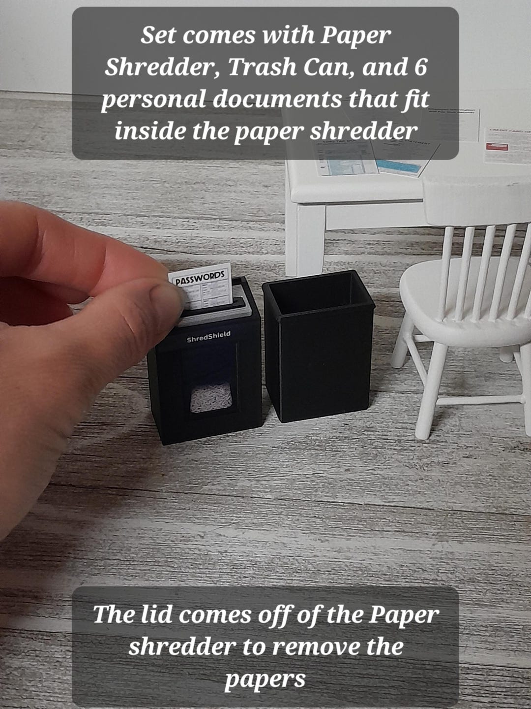 1/12 Scale mini paper shredder set for a mini dollhouse office, desk decor, mini school room, dollhouse decor, paper holder, black plastic