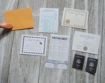 1/6 scale mini personal documents set for fashion dolls, dollhouse office papers, file folder, realistic doll papers, doll toy gift, pages
