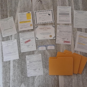 May include: A collection of adoption-related documents, including applications, certificates, and forms, are arranged on a wooden surface. Several manila folders are also present. The documents feature text and are in various sizes and shapes.