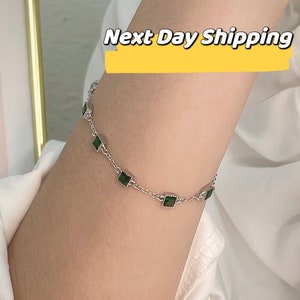 Dainty Emerald Bracelet, S925 Sterling Silver Emerald Bracelet