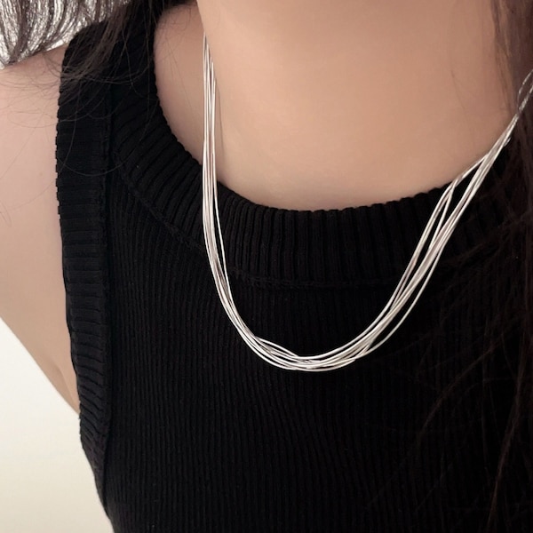 S925 Sterling Silver Multi Strand Chain Necklace, Liquid Silver Multi Layered Necklace