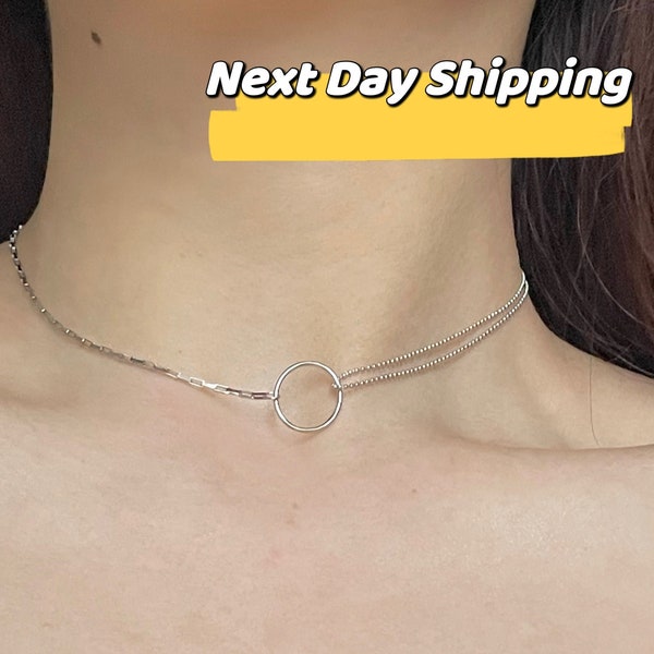 S925 Sterling Silver Circle Outline Choker, Silver Open Circle Choker, Delicate Open Circle Necklace