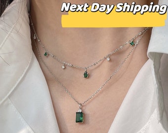 Emerald Pendant Necklace, S925 Sterling Silver Emerald Necklace, Rectangle Emerald Necklace, May Birthstone Necklace