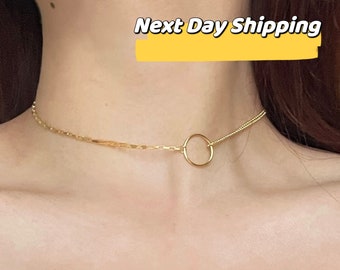 18K Gold Vermeil Circle Outline Choker, Gold Open Circle Necklace, Delicate Open Circle Necklace