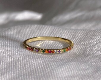 18K Gold Vermeil Diamond Rainbow Ring, Thin Rainbow Diamond Ring, Rainbow Eternity Ring, Simple Diamond Ring, Dainty Diamond Ring