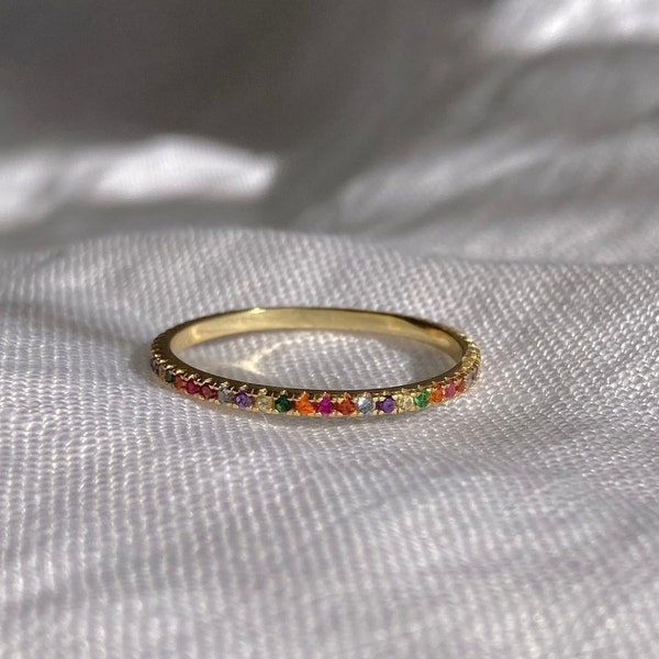18K Gold Vermeil Diamond Rainbow Ring, Thin Rainbow Diamond Ring, Rainbow Eternity Ring, Simple Diamond Ring, Dainty Diamond Ring