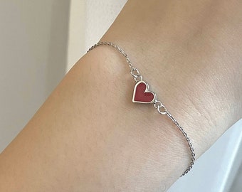 S925 Sterling Silver Heart Bracelet, Red Heart Bracelet, Heart Charm Bracelet, Dainty Bracelet, Thin Bracelet