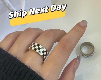 Checkered Ring, Black and White Ring, Checker Ring, Checkerboard Ring