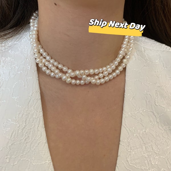 Three Strand Genuine Pearl Necklace, Natural Freshwater Twisted Pearl Necklace, Multi Strand Baroque Pearl Choker, June Birthstone Necklace