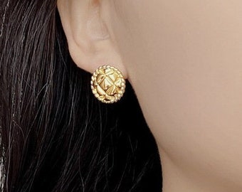 18K Gold Vermeil Quilted Stud Earrings, Round Quilted Studs, Quilted Button Studs