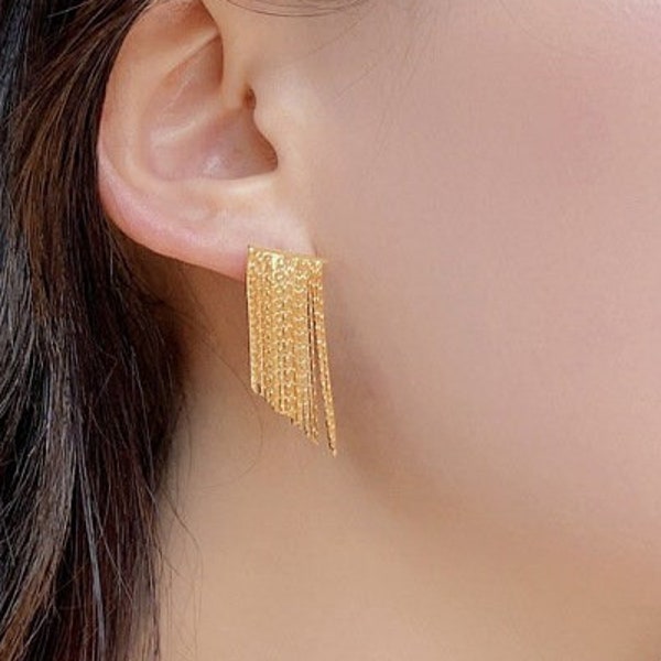 18K Gold Vermeil Fringe Tassel Stud Earrings, Fringe Earrings, Tassel Earrings
