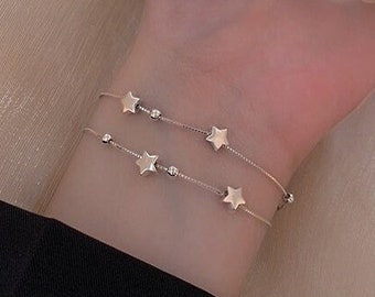 S925 Sterling Silver Star Bracelet, Dainty Star Bracelet, Two Strand Bracelet