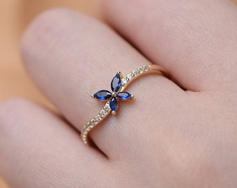 18K Gold Vermeil Schmetterling Ring, Gold Schmetterling Ring, Simulierter Saphir Schmetterling Ring