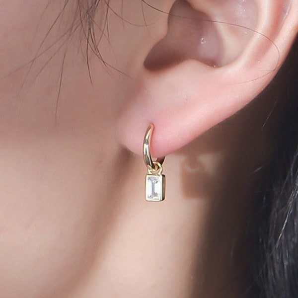 Rectangular Diamond Dangle Earrings, 18K Gold Vermeil Diamond Dangle Earrings, Emerald Cut Diamond Earrings, April Birthstone Earrings
