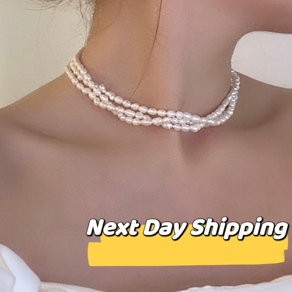 Halskette mit gedrehten natürlichen Süßwasserperlen, dreisträngige echte Perlenkette, mehrsträngiger Perlenhalsband, Juni-Geburtsstein-Halskette