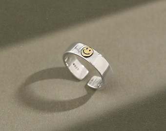 Two Tone Smiley Face Ring, S925 Sterling Silver Smile Band, Happy Face Ring