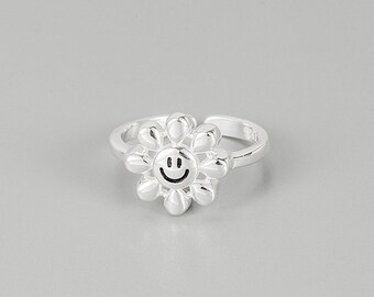 S925 Sterling Silver Smiley Face Flower Ring, Smile Flower Adjustable Ring